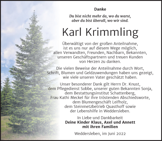 Traueranzeige von Karl Krimmling von Trauerkombi Quedlinburg