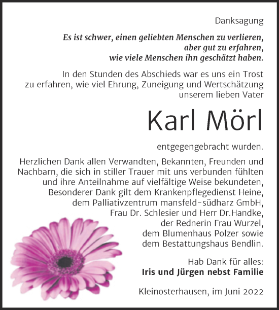 Traueranzeige von Karl Mörl von Trauerkombi Mansfelder Land