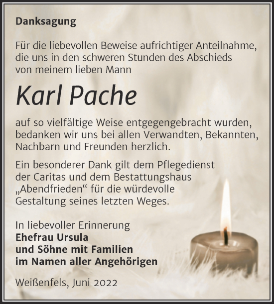 Traueranzeige von Karl Pache von Trauerkombi Weißenfels
