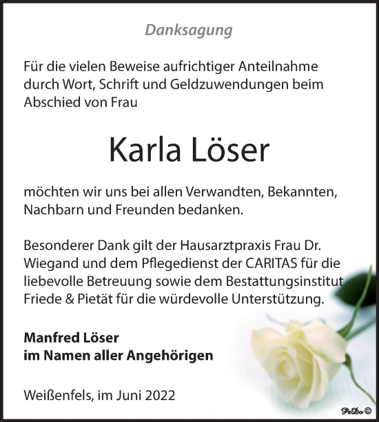 Traueranzeige von Karla Löser von Trauerkombi Weißenfels