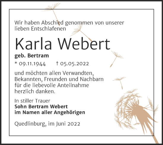 Traueranzeige von Karla Webert von Trauerkombi Quedlinburg