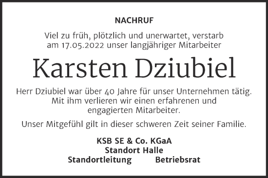 Traueranzeige von Karsten Dziubiel von Mitteldeutsche Zeitung Halle/Saalkreis