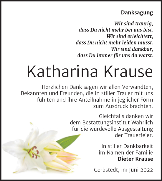 Traueranzeige von Katharina Krause von Trauerkombi Mansfelder Land