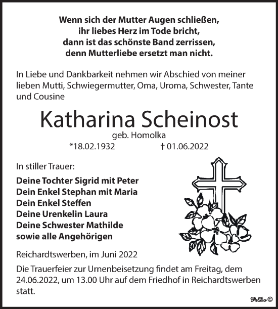Traueranzeige von Katharina Scheinost von Trauerkombi Weißenfels