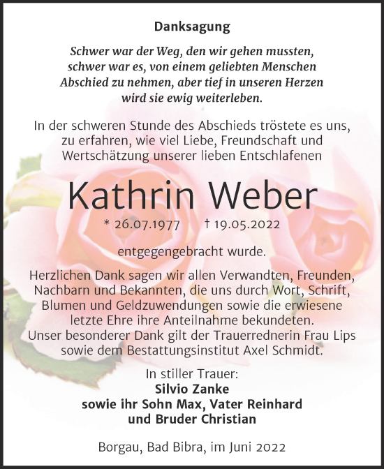 Traueranzeige von Kathrin Weber von Wochenspiegel Naumburg/Nebra