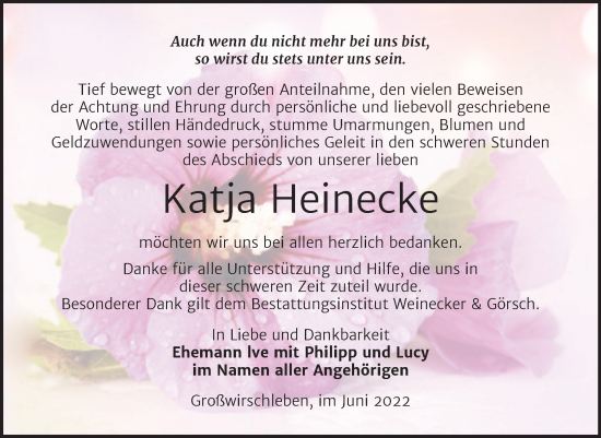 Traueranzeige von Katja Heinecke von Trauerkombi Bernburg
