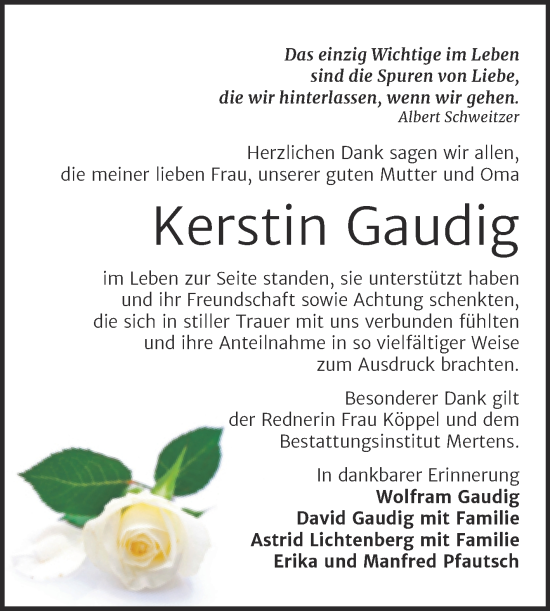 Traueranzeige von Kerstin Gaudig von Wochenspiegel Naumburg/Nebra
