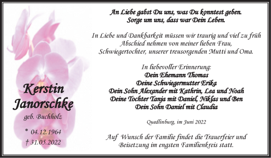 Traueranzeige von Kerstin Janorschke von Trauerkombi Quedlinburg