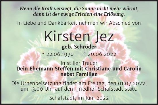 Traueranzeige von Kirsten Jez von Trauerkombi Merseburg