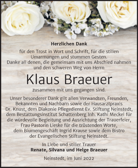 Traueranzeige von Klaus Braeuer von Trauerkombi Quedlinburg