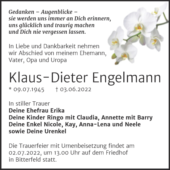 Traueranzeige von Klaus-Dieter Engelmann von Trauerkombi Bitterfeld