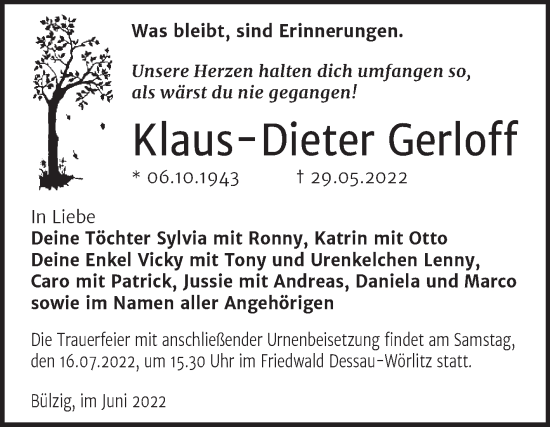 Traueranzeige von Klaus-Dieter Gerloff von Trauerkombi Wittenberg