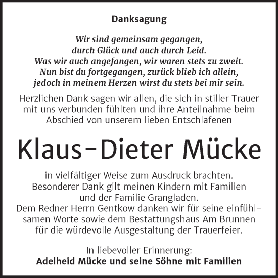 Traueranzeige von Klaus-Dieter Mücke von Trauerkombi Mansfelder Land