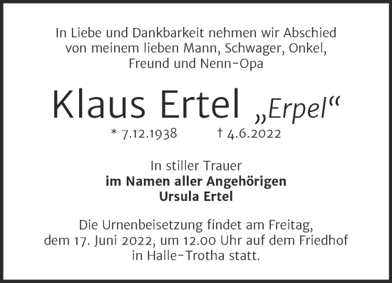 Traueranzeige von Klaus Ertel von Mitteldeutsche Zeitung Halle/Saalkreis