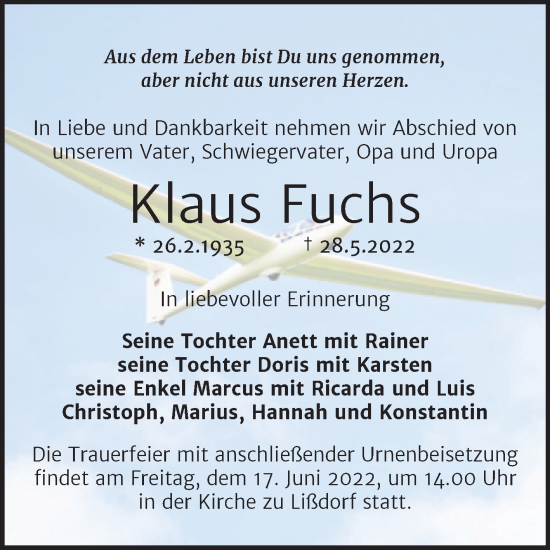 Traueranzeige von Klaus Fuchs von Naumburger Tageblatt