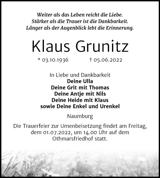 Traueranzeige von Klaus Grunitz von Trauerkombi Weißenfels