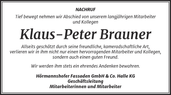 Traueranzeige von Klaus-Peter Brauner von Mitteldeutsche Zeitung Halle/Saalkreis
