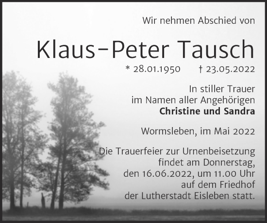 Traueranzeige von Klaus-Peter Tausch von Trauerkombi Mansfelder Land