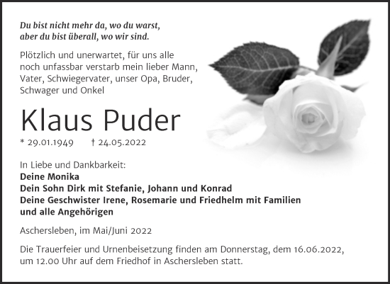Traueranzeige von Klaus Puder von Trauerkombi Aschersleben