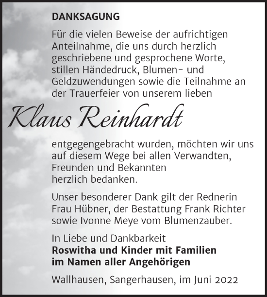 Traueranzeige von Klaus Reinhardt von Trauerkombi Sangerhausen