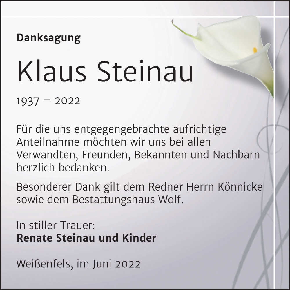  Traueranzeige für Klaus Steinau vom 15.06.2022 aus Trauerkombi Weißenfels