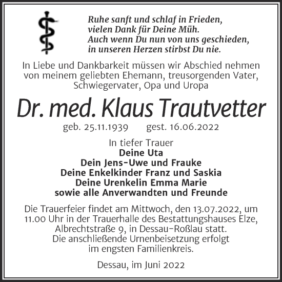 Traueranzeige von Klaus Trautvetter von Trauerkombi Dessau