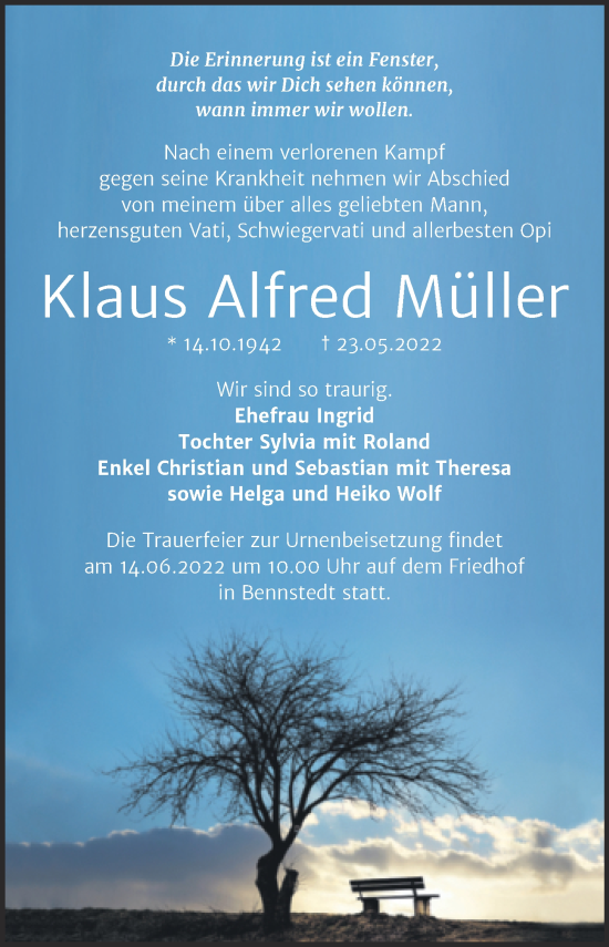Traueranzeige von Klaus Alfred Müller von Mitteldeutsche Zeitung Halle/Saalkreis