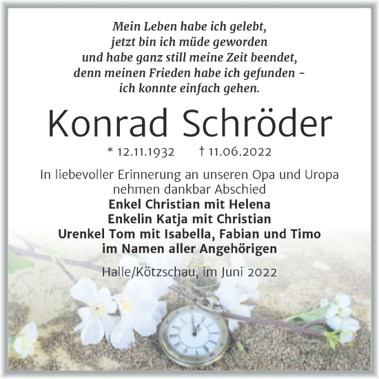 Traueranzeige von Konrad Schröder von Trauerkombi Merseburg