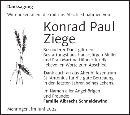 Traueranzeige von Konrad Paul Ziege von Trauerkombi Aschersleben