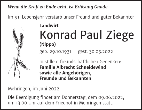 Traueranzeige von Konrad Paul Ziege von Trauerkombi Aschersleben