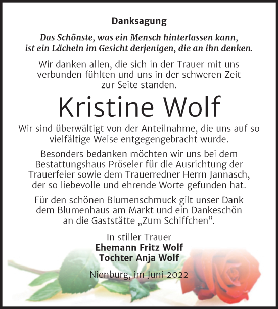 Traueranzeige von Kristine Wolf von Trauerkombi Bernburg