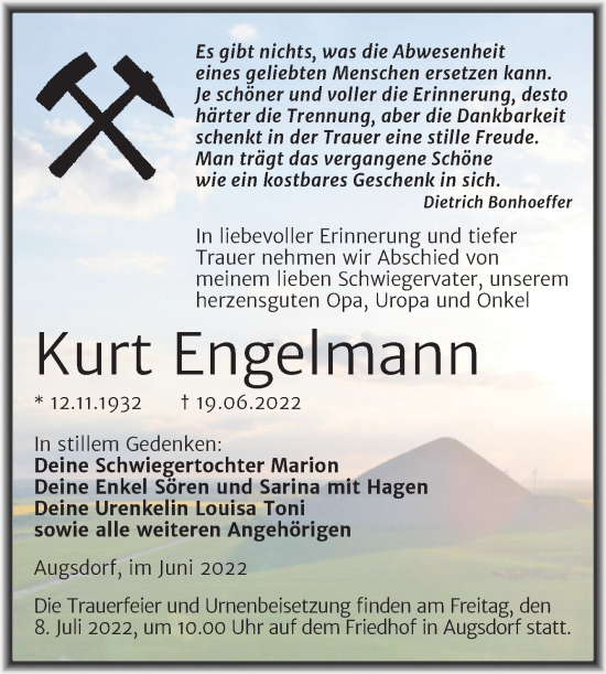 Traueranzeige von Kurt Engelmann von Trauerkombi Mansfelder Land
