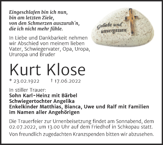 Traueranzeige von Kurt Klose von Trauerkombi Merseburg