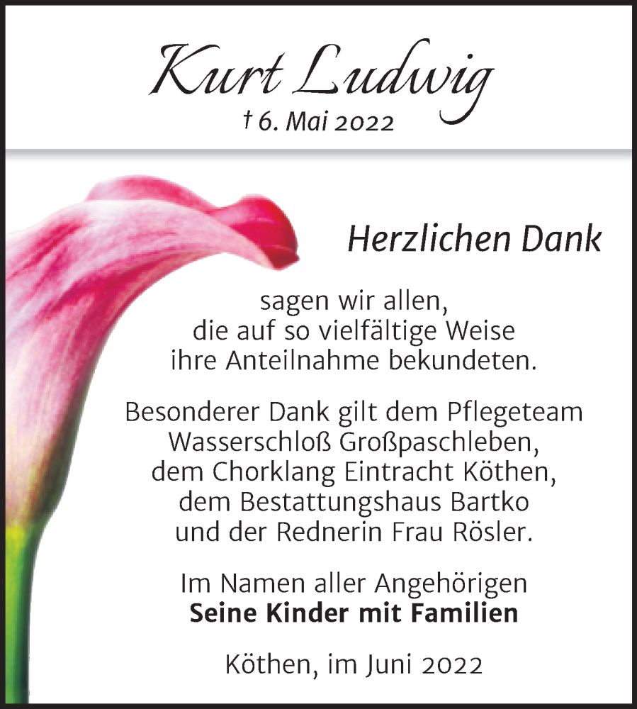  Traueranzeige für Kurt Ludwig vom 04.06.2022 aus Trauerkombi Köthen
