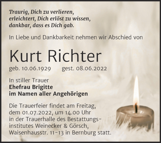 Traueranzeige von Kurt Richter von Trauerkombi Bernburg