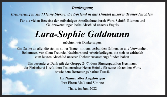 Traueranzeige von Lara-Sophie Goldmann von Trauerkombi Quedlinburg