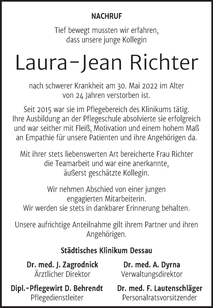  Traueranzeige für Laura-Jean Richter vom 04.06.2022 aus Mitteldeutsche Zeitung Dessau-Roßlau