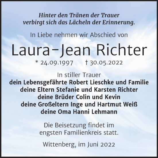 Traueranzeige von Laura-Jean Richter von Trauerkombi Dessau