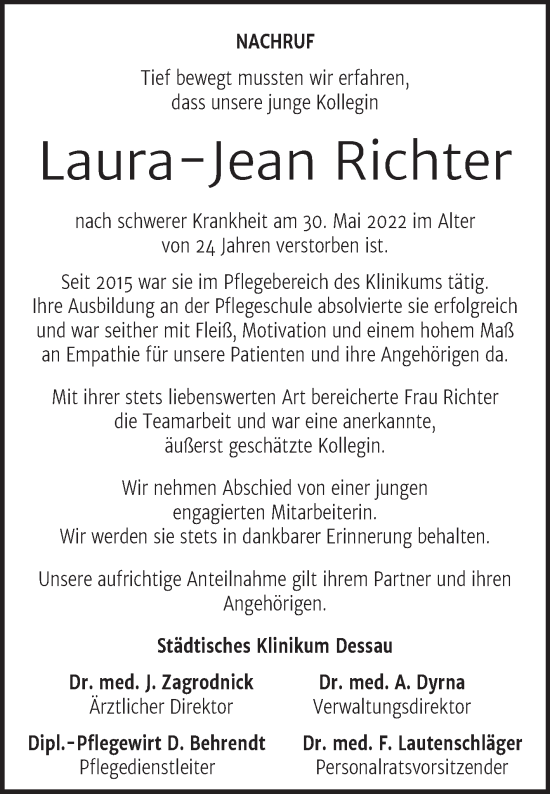 Traueranzeige von Laura-Jean Richter von Mitteldeutsche Zeitung Dessau-Roßlau