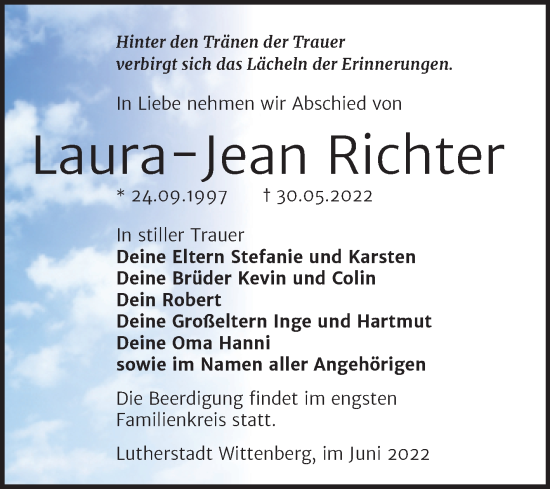 Traueranzeige von Laura-Jean Richter von Trauerkombi Wittenberg