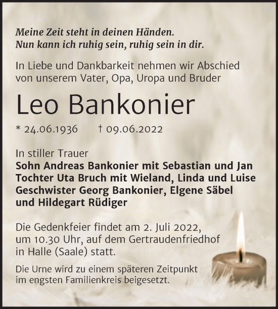 Traueranzeige von Leo Bankonier von Mitteldeutsche Zeitung Halle/Saalkreis