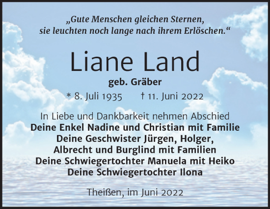 Traueranzeige von Liane Land von Trauerkombi Zeitz