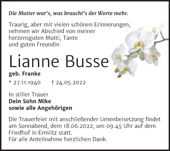 Traueranzeige von Lianne Busse von Trauerkombi Merseburg