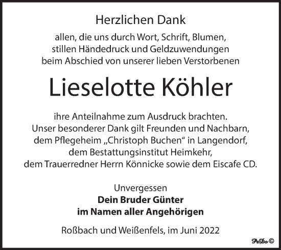 Traueranzeige von Lieselotte Köhler von Trauerkombi Merseburg