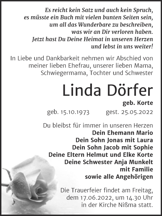 Traueranzeige von Linda Dörfer von Trauerkombi Zeitz