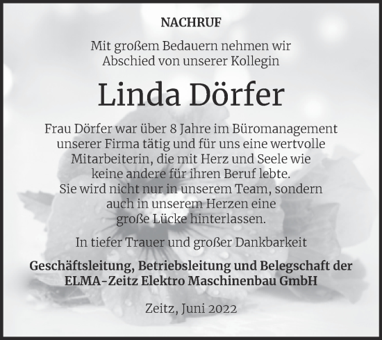 Traueranzeige von Linda Dörfer von Super Sonntag Zeitz
