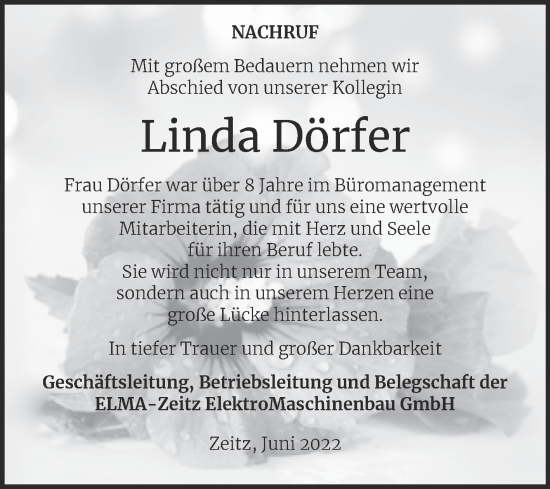 Traueranzeige von Linda Dörfer von Mitteldeutsche Zeitung Zeitz