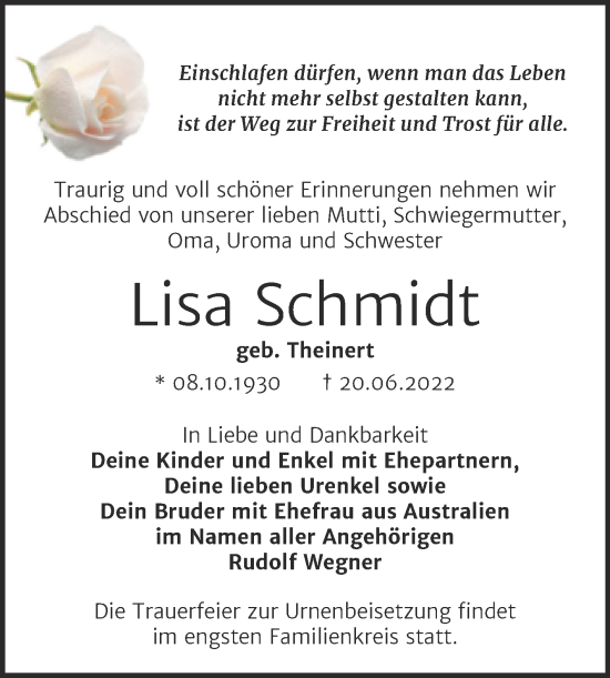 Traueranzeige von Lisa Schmidt von Mitteldeutsche Zeitung