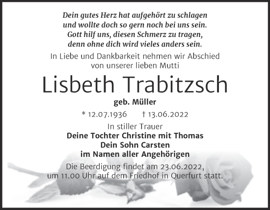 Traueranzeige von Lisbeth Trabitzsch von Trauerkombi Merseburg