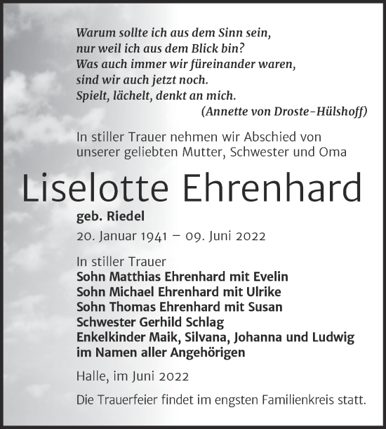 Traueranzeige von Liselotte Ehrenhard von Mitteldeutsche Zeitung Halle/Saalkreis